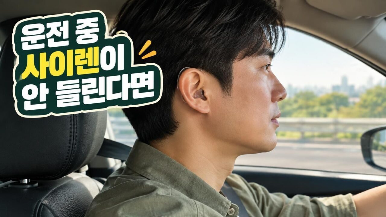 보청기 착용자 운전할 때 사이렌 소리가 묻힌다면? 소음 제어와 경고음 피팅 기준 운전 중 차 안에서 보청기를 착용하고 도로 소리를 듣는 운전자의 모습