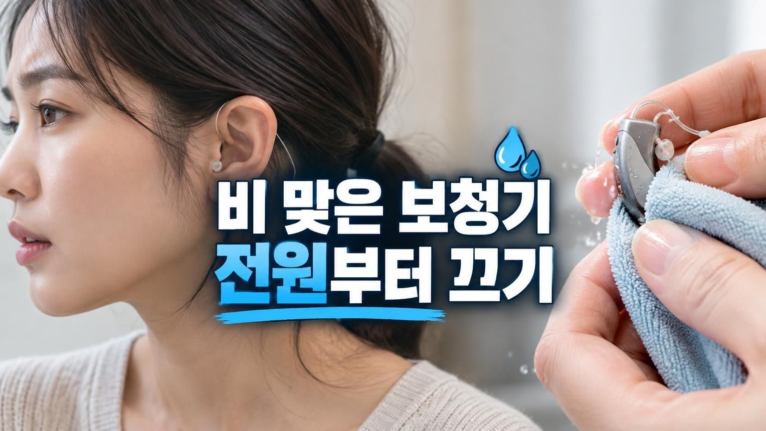 비를 맞은 보청기를 마른 천으로 닦아 관리하는 모습